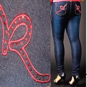 NEW Y2K ROCAWEAR RED Rhinestone Denim Jean Jeggings STRETCHY 11